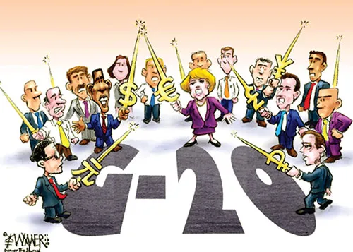 G20 - nhóm 20 nền kinh tế lớn nhất thế giới - đang chịu sức ép bùng nổ cuộc chiến tiền tệ (Nguồn: toonpool.com).